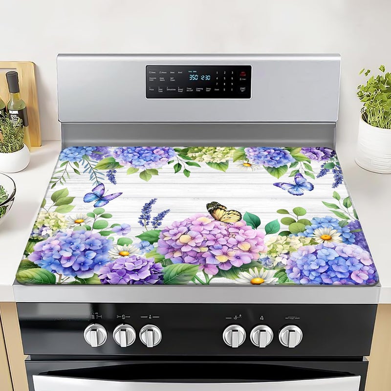 Seimip Spring Hydrangea Stove Top Cover Blue Flowers Gas Stove Top Cover for Home Decoration Kitchen Pad Floral Non-Stick Washable Cooktop Covers Countertop Protector Keep Stove Clean White - Image 1