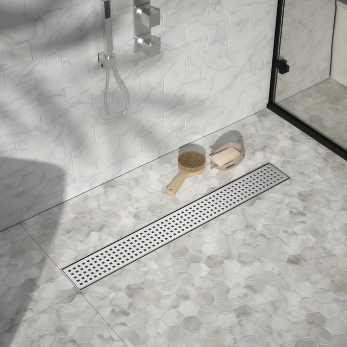 LINEAR SHOWER DRAIN 26 304 STAINLESS STEEL FLOOR DRAIN WITH GRID DRAIN COVER HAIR STRAINER RECTANGULAR SHOWER DRAIN WCUPC CERTIFIED BRUSHED