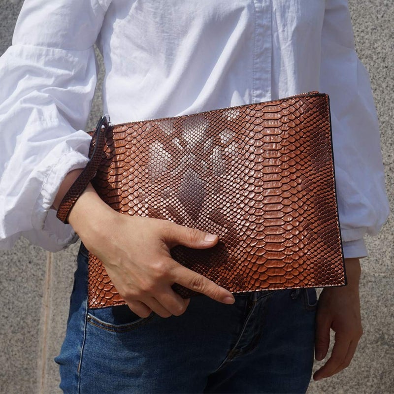NIGEDU Women Clutches Fashion Snakeskin PU Leather Party Envelope Purse Bag with Hand Strap (Brown) - Image 2