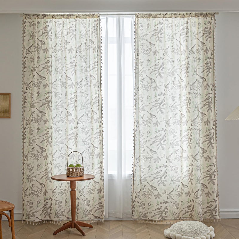Erbnaryx Boho Floral Curtains French Country Farmhouse Curtains 84 Inches Long Light Filtering Window Rod Pocket Drapes for Living Room 2 Panels-Beige Birds - Image 2