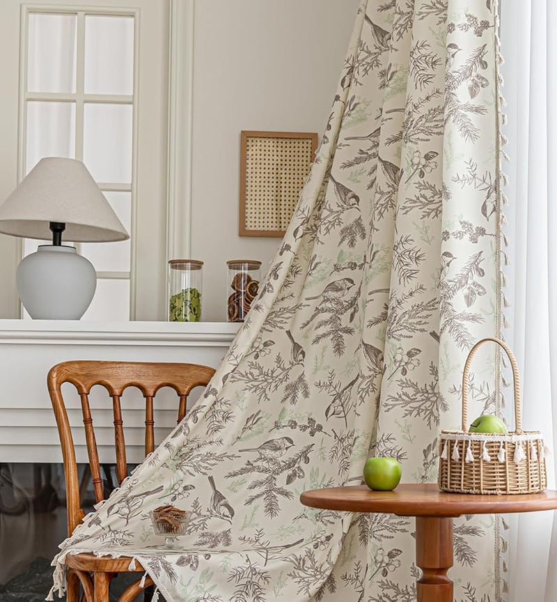 Erbnaryx Boho Floral Curtains French Country Farmhouse Curtains 84 Inches Long Light Filtering Window Rod Pocket Drapes for Living Room 2 Panels-Beige Birds - Image 1