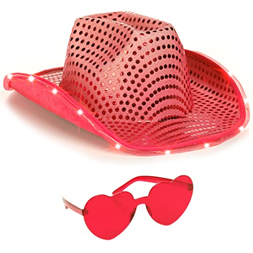 Funcredible Red Cowboy Hat Heart Glasses LED Cowboy Hats for Women and Men Light Up Sequins Cowgirl Costume Accessory Set for Adults - Image 1