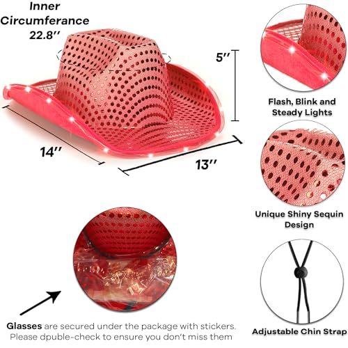 Funcredible Red Cowboy Hat Heart Glasses LED Cowboy Hats for Women and Men Light Up Sequins Cowgirl Costume Accessory Set for Adults - Image 5