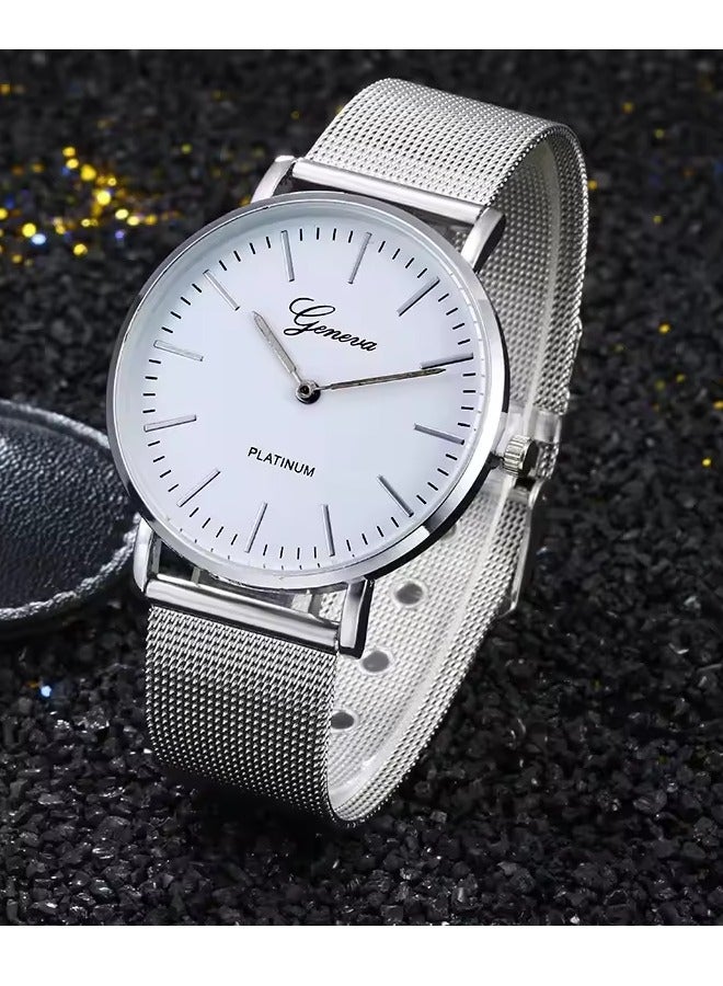 جنيفا ساعة أنيقة بتصميم كلاسيكي، بلون فضي بالكامل. تأتي بسوار معدني من الستانلس ستيل بلون فضي - Image 2