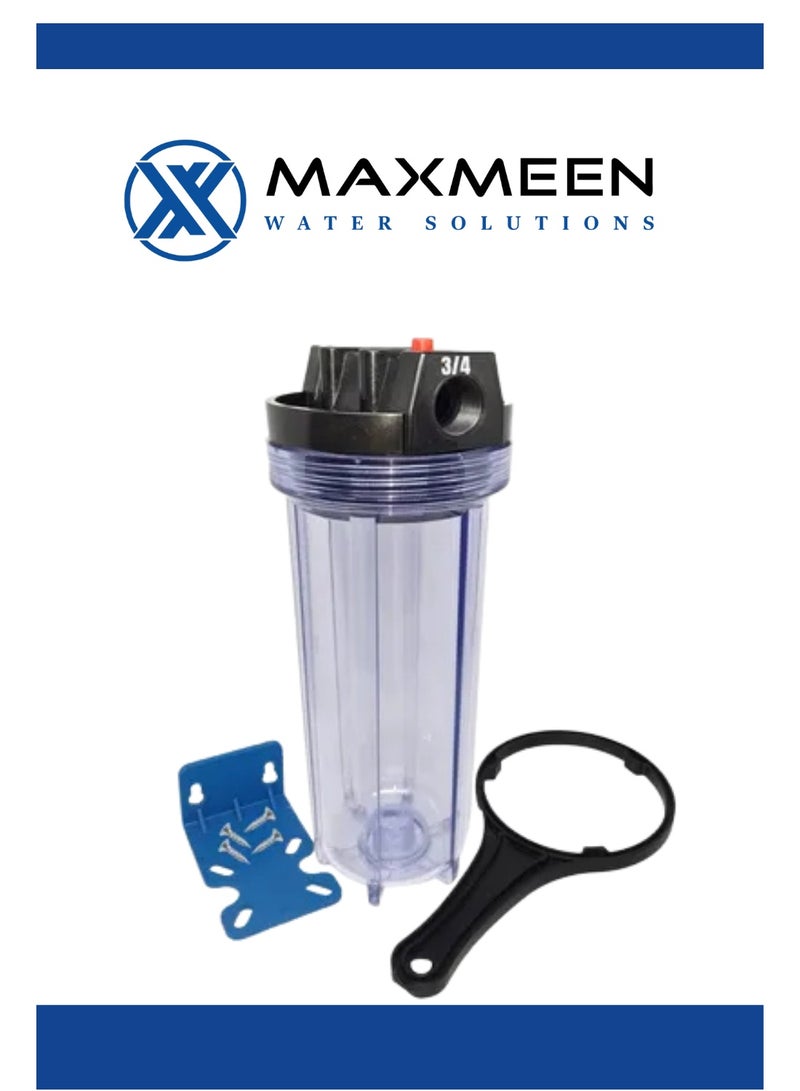 ماكسمين حاوية فلتر مياه منزلي كامل 10 بوصة – هيكل شفاف من Maxmeen Water مع حامل  ومفتاح –  مدخل/مخرج ¾" (إزالة الرواسب، الروائح وتحسين الطعم) - Image 2