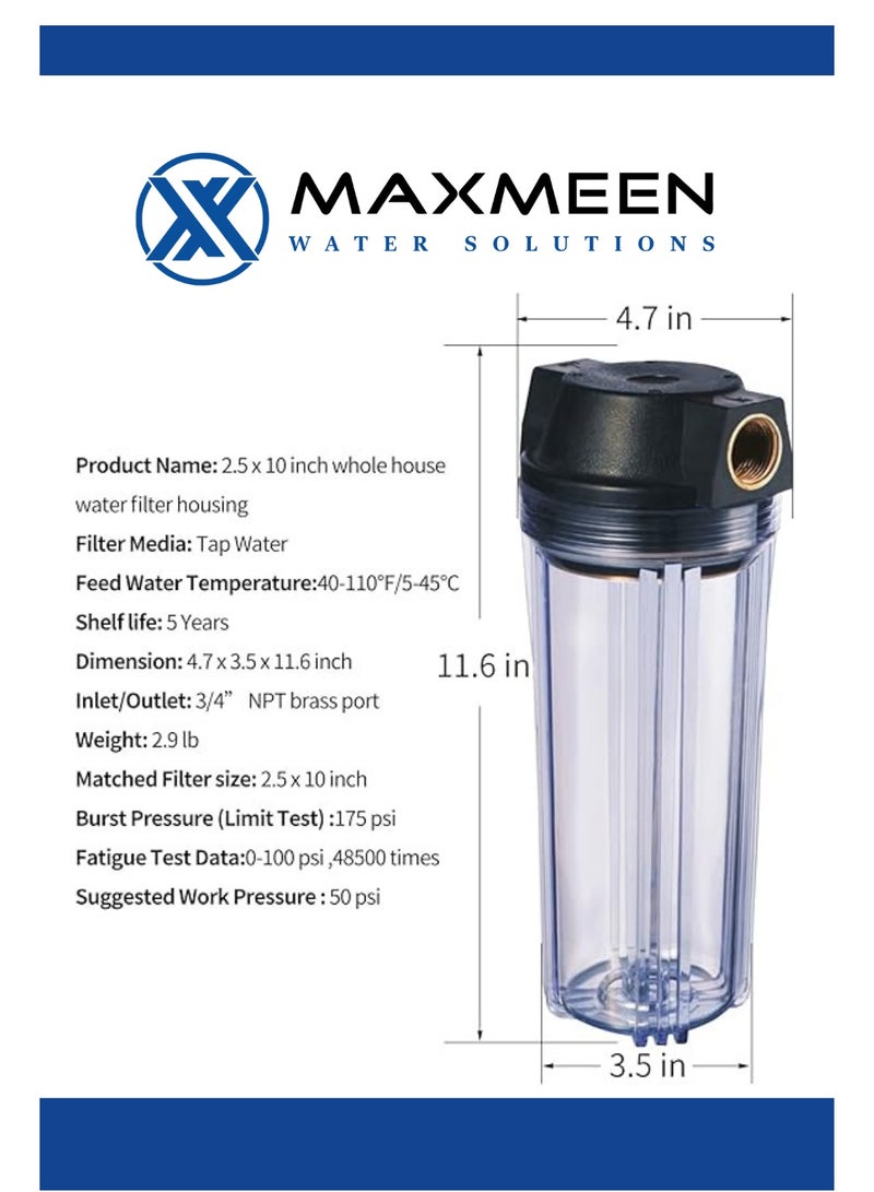 ماكسمين حاوية فلتر مياه منزلي كامل 10 بوصة – هيكل شفاف من Maxmeen Water مع حامل  ومفتاح –  مدخل/مخرج ¾" (إزالة الرواسب، الروائح وتحسين الطعم) - Image 3