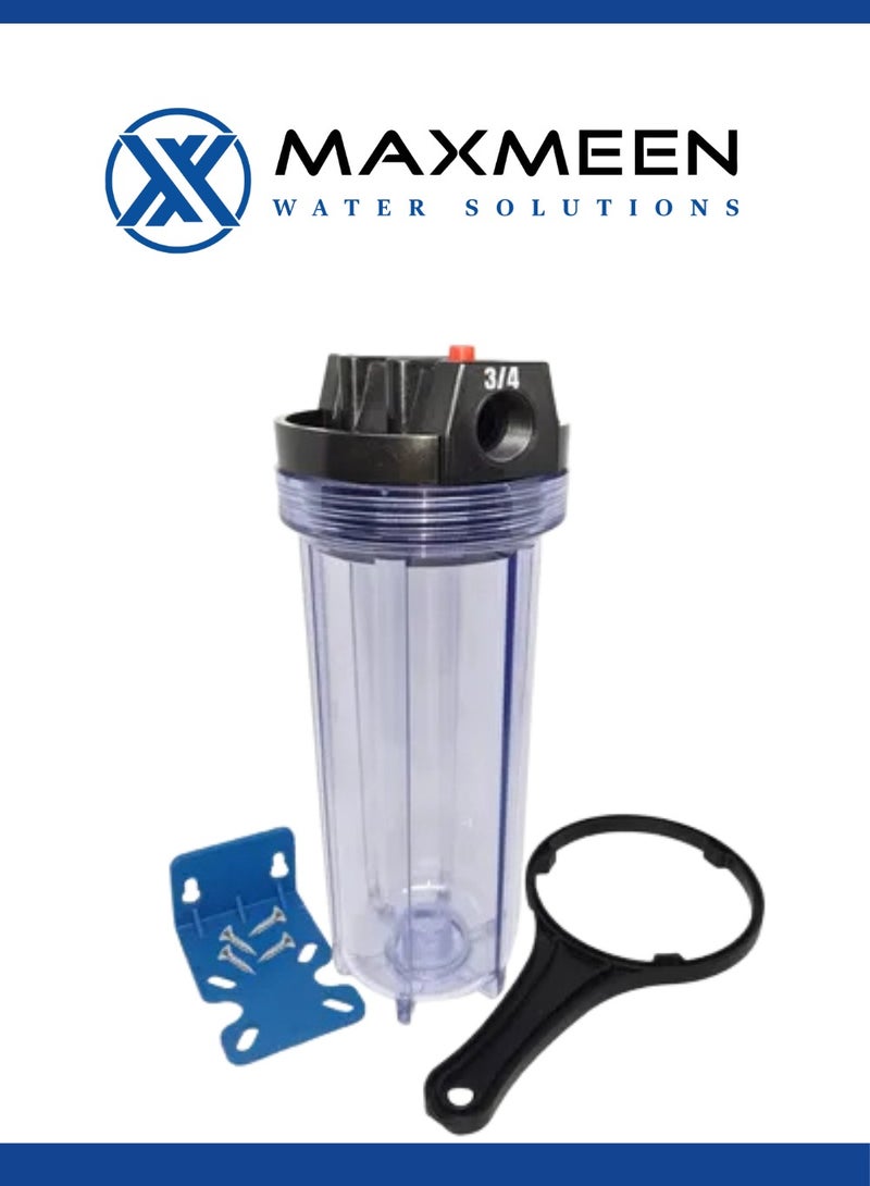 ماكسمين حاوية فلتر مياه منزلي كامل 10 بوصة – هيكل شفاف من Maxmeen Water مع حامل  ومفتاح –  مدخل/مخرج ¾" (إزالة الرواسب، الروائح وتحسين الطعم) - Image 1