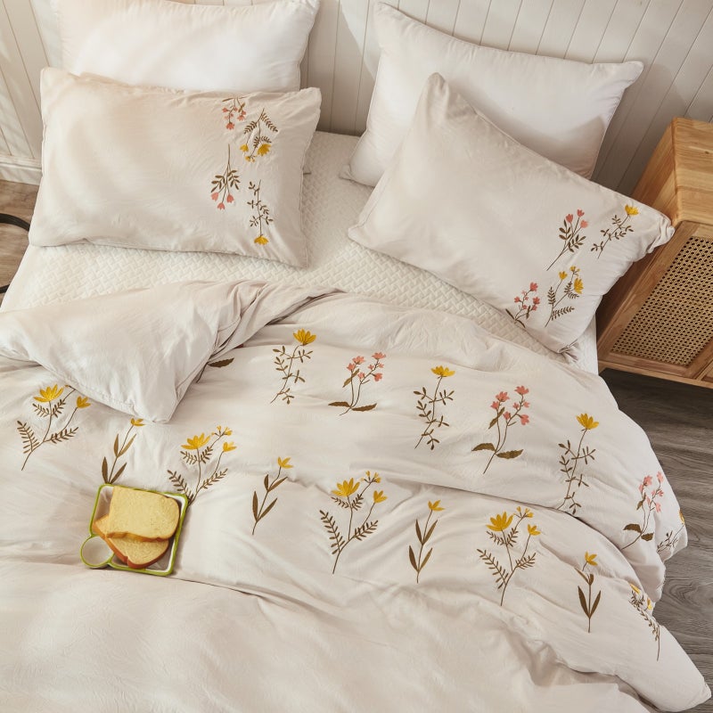 3pcss Light Gray Floral Embroidery Craft Duvet Cover Set, Yellow Small Flower Embroidered Bedding 3pcs Set, Pastoral Bohemian Bedding, Duvet Cover Set, Bedding, Queen King Twin Size, Suitable for Bedroom Dormitory Multi-Scene - Image 3