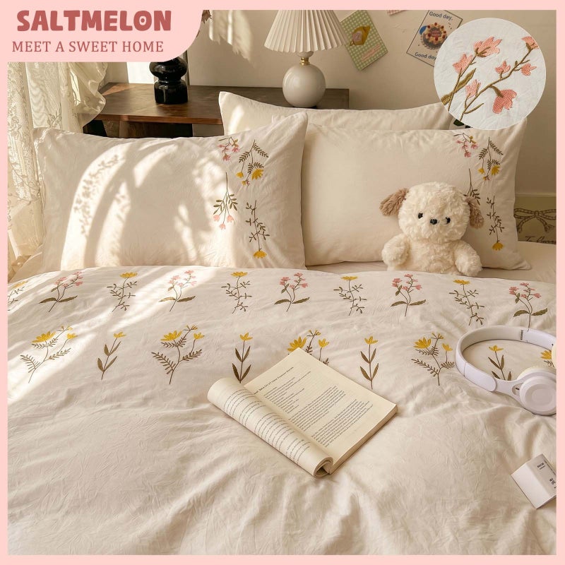 3pcss Light Gray Floral Embroidery Craft Duvet Cover Set, Yellow Small Flower Embroidered Bedding 3pcs Set, Pastoral Bohemian Bedding, Duvet Cover Set, Bedding, Queen King Twin Size, Suitable for Bedroom Dormitory Multi-Scene - Image 5