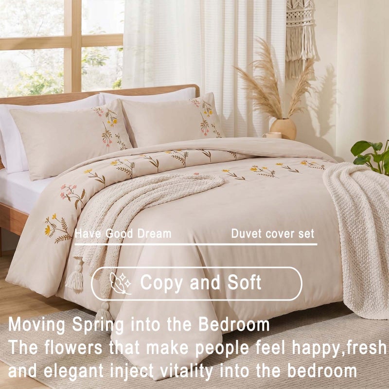 3pcss Light Gray Floral Embroidery Craft Duvet Cover Set, Yellow Small Flower Embroidered Bedding 3pcs Set, Pastoral Bohemian Bedding, Duvet Cover Set, Bedding, Queen King Twin Size, Suitable for Bedroom Dormitory Multi-Scene - Image 4