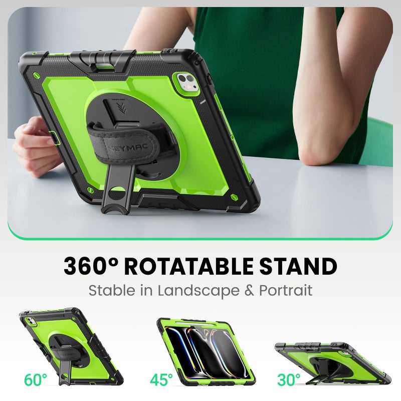 SEYMAC Case for iPad Pro 13 Inch M5 2025 / M4 2024, Heavy Duty Shockproof Protective Case with Screen Protector, 360Â° Rotating Stand, Hand/Shoulder Strap and Pen Holder, Green - Image 4
