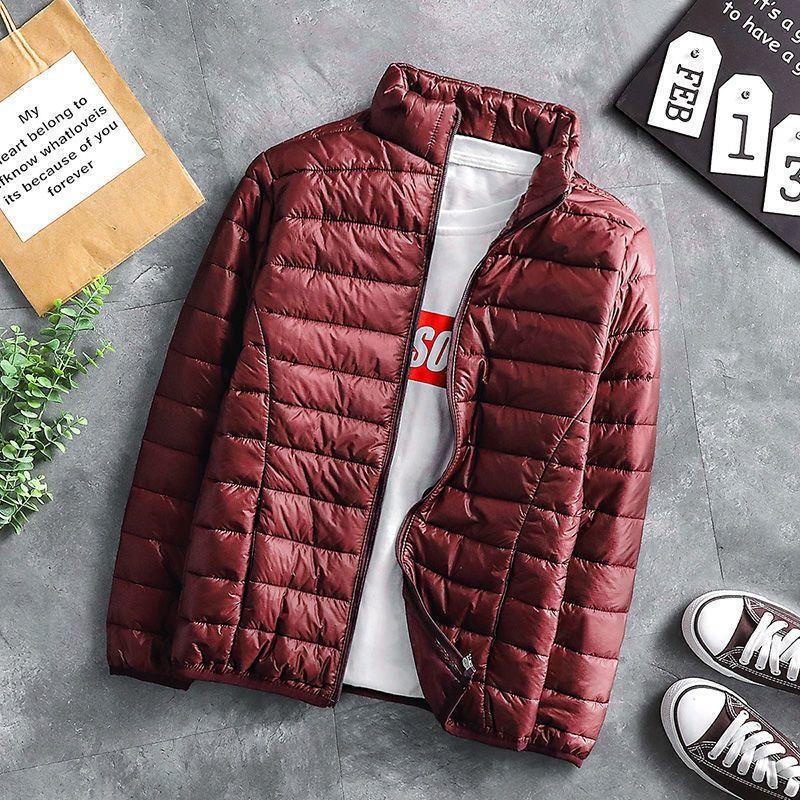 Mens Mid-Age Large Size Winter Jacket wine red with stand collar 