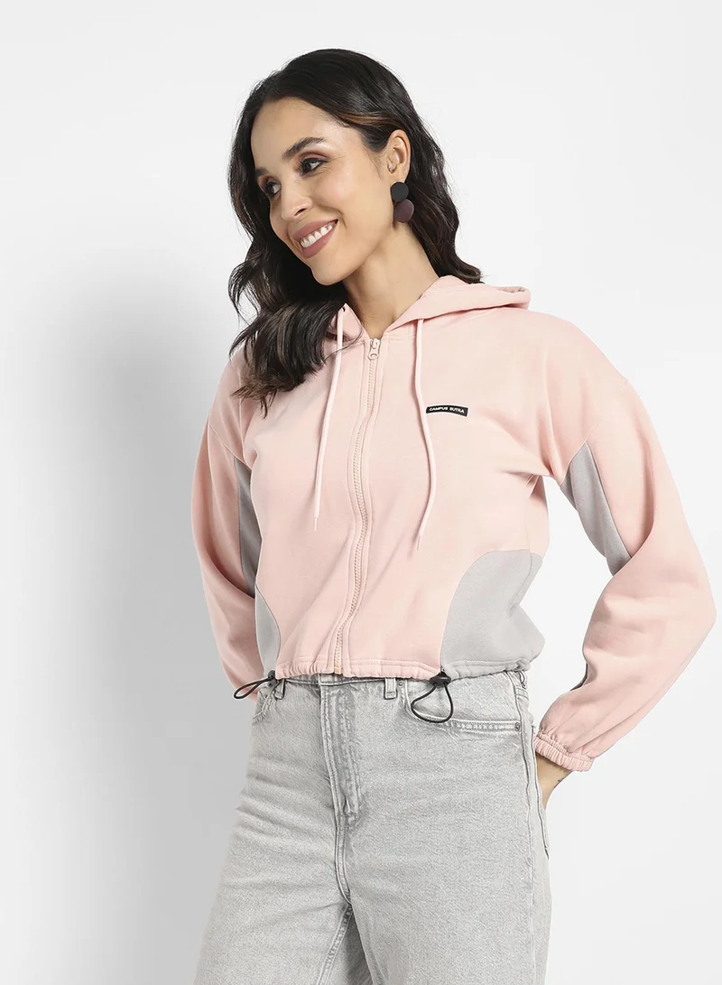 Pinacolada  Women's Baby Pink Colourblocked Crop Hoodie With Zip-Closure for Women | Best Price UAE