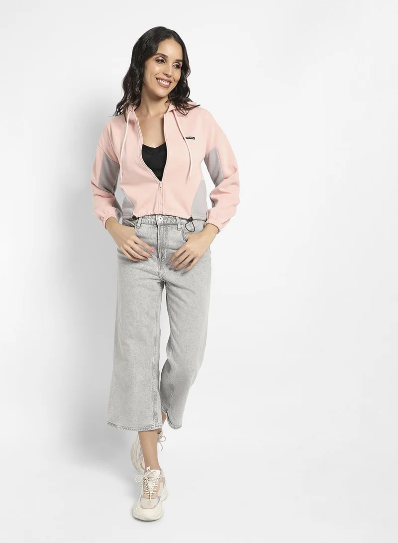 Pinacolada  Women's Baby Pink Colourblocked Crop Hoodie With Zip-Closure for Women | Best Price UAE