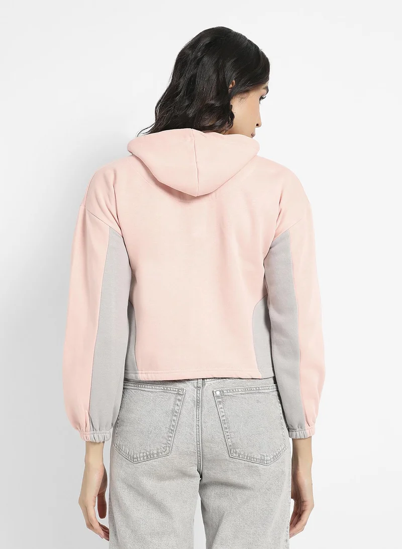 Pinacolada  Women's Baby Pink Colourblocked Crop Hoodie With Zip-Closure for Women | Best Price UAE