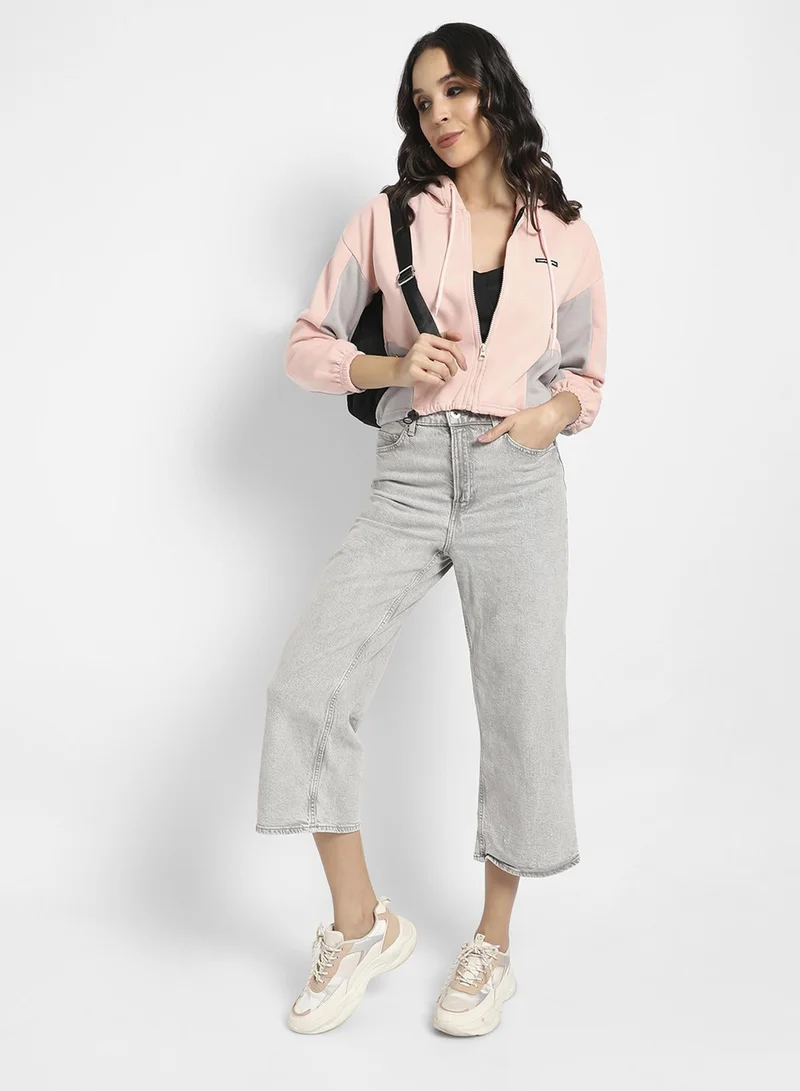 Pinacolada  Women's Baby Pink Colourblocked Crop Hoodie With Zip-Closure for Women | Best Price UAE