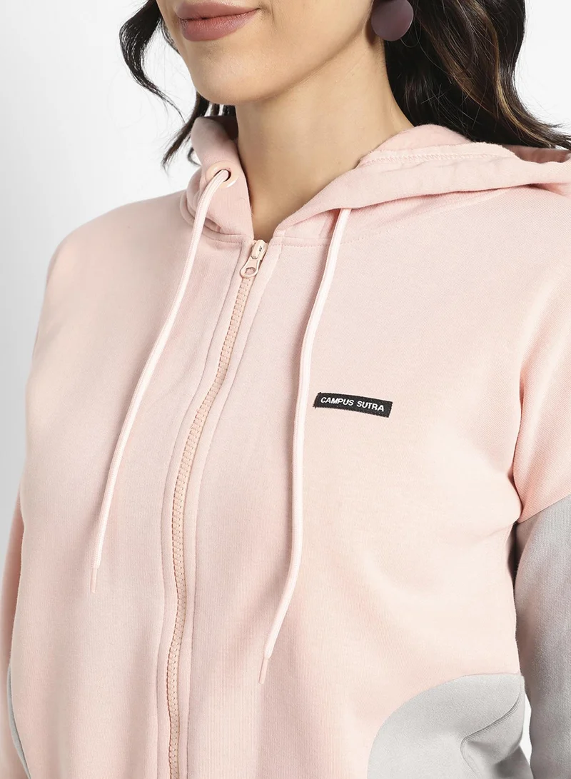 Pinacolada  Women's Baby Pink Colourblocked Crop Hoodie With Zip-Closure for Women | Best Price UAE