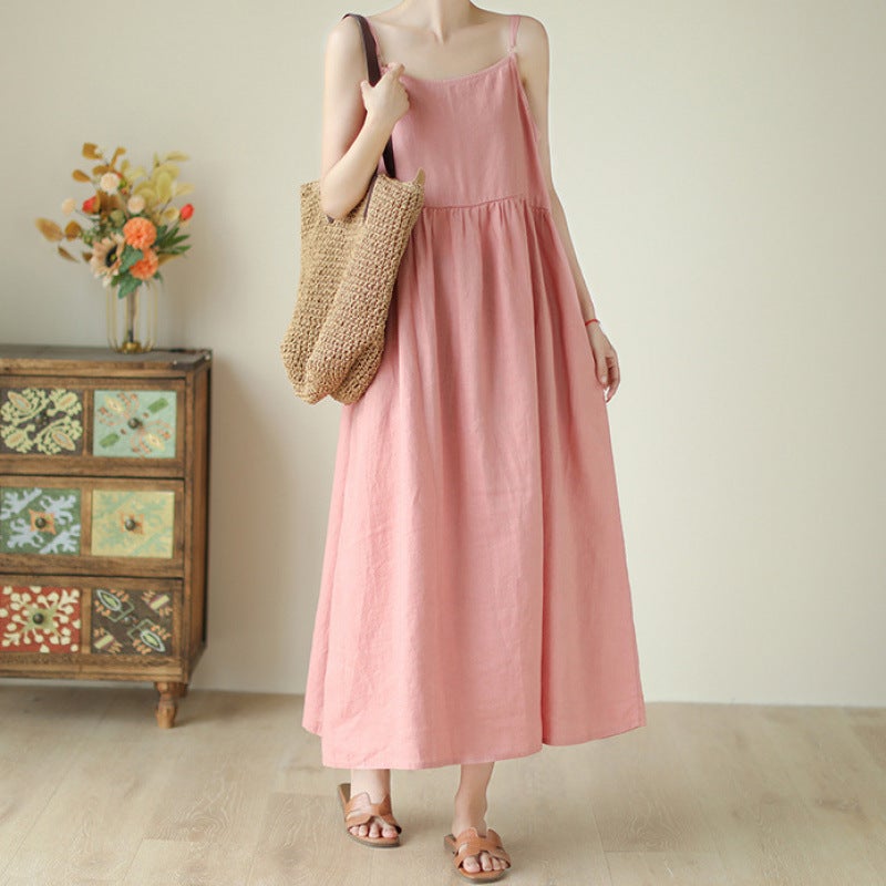 Cotton And Linen Fresh Large Swing Sling Sling Skirt Summer Casual Simple Loose Multicolor Adjusted Dress Long Skirt - Image 4