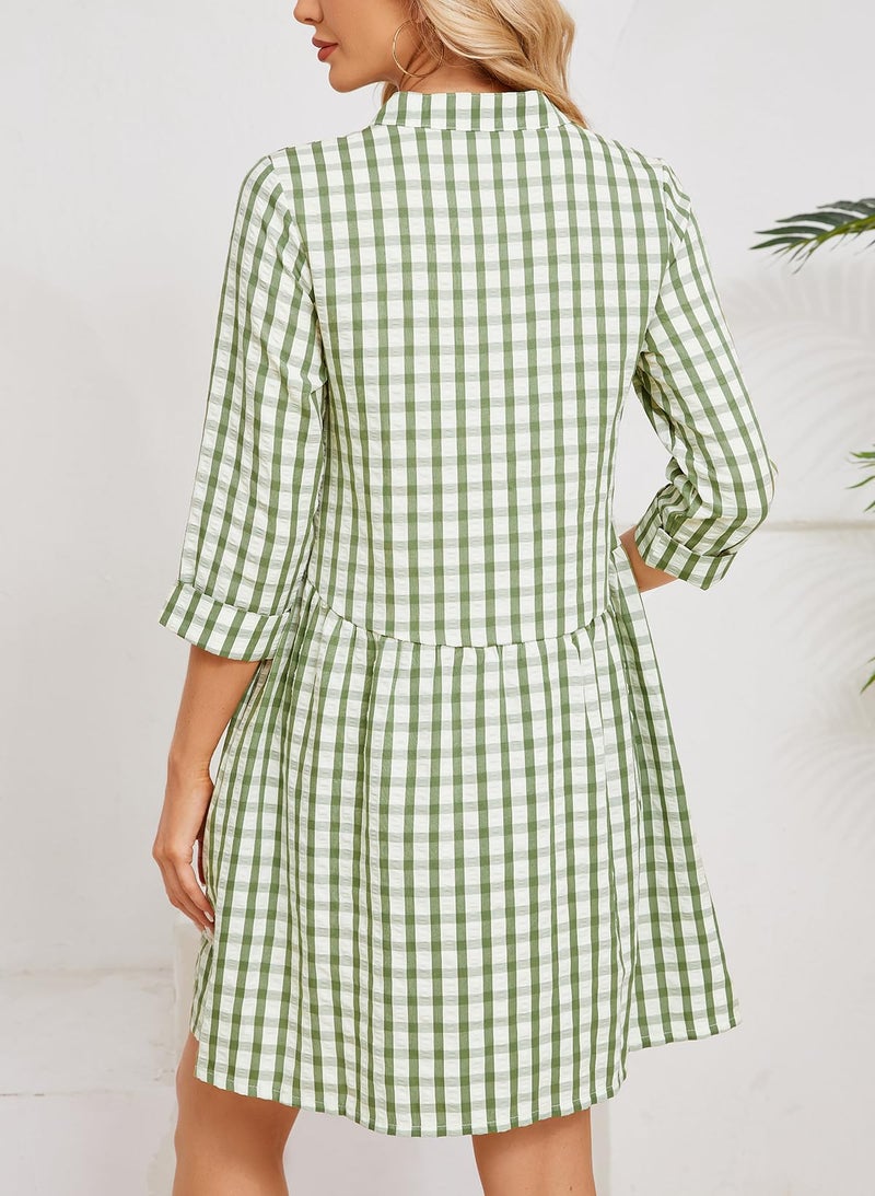 Ladyful Women's 3/4 Sleeve Plaid Mini Dress Gingham Button Down Crewneck Casual Checkered Tunic Shirt Dress Green - Image 3