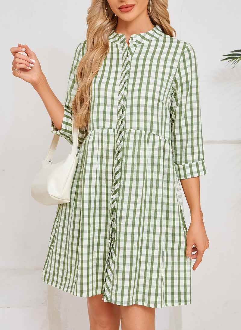 Ladyful Women's 3/4 Sleeve Plaid Mini Dress Gingham Button Down Crewneck Casual Checkered Tunic Shirt Dress Green - Image 4