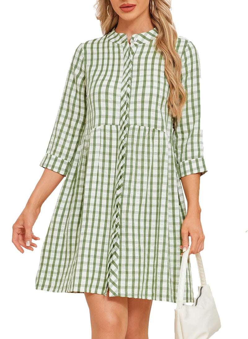 Ladyful Women's 3/4 Sleeve Plaid Mini Dress Gingham Button Down Crewneck Casual Checkered Tunic Shirt Dress Green - Image 1