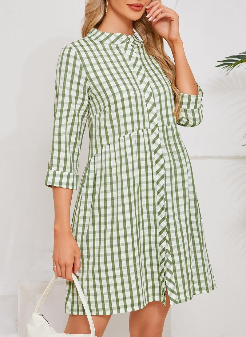 Ladyful Women's 3/4 Sleeve Plaid Mini Dress Gingham Button Down Crewneck Casual Checkered Tunic Shirt Dress Green - Image 5