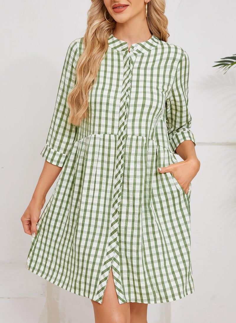 Ladyful Women's 3/4 Sleeve Plaid Mini Dress Gingham Button Down Crewneck Casual Checkered Tunic Shirt Dress Green - Image 2