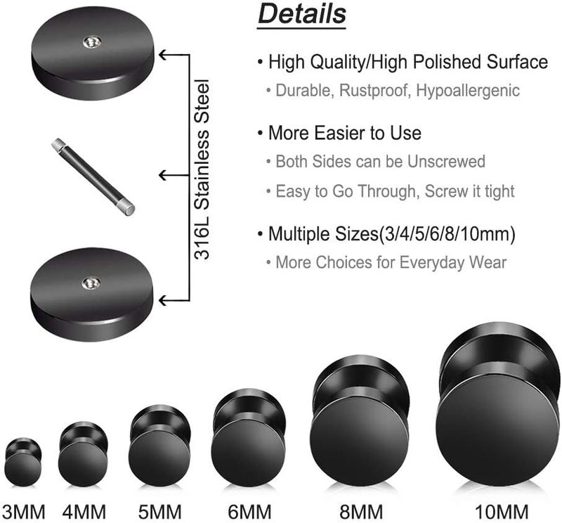 FLYUN Fake Gauges, 6 Pairs Men's Earrings, Faux Plugs Black Stud Surgical Steel Screw Flat Back Punk Earrings Hypoallergenic 18G/1MM - Image 5