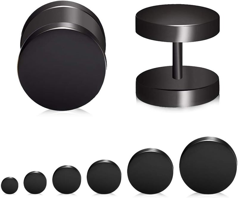 FLYUN Fake Gauges, 6 Pairs Men's Earrings, Faux Plugs Black Stud Surgical Steel Screw Flat Back Punk Earrings Hypoallergenic 18G/1MM - Image 1