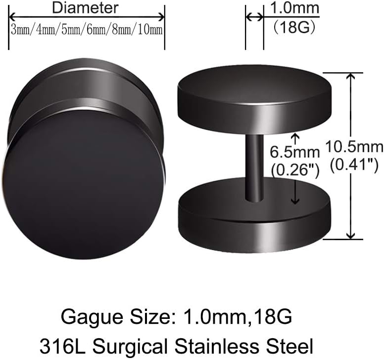 FLYUN Fake Gauges, 6 Pairs Men's Earrings, Faux Plugs Black Stud Surgical Steel Screw Flat Back Punk Earrings Hypoallergenic 18G/1MM - Image 4