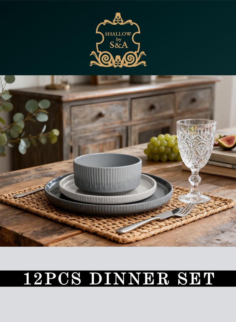 Shallow طقم عشاء هاربر 12 قطعة من الخزف الضحل - أواني رمادية أنيقة - Image 4