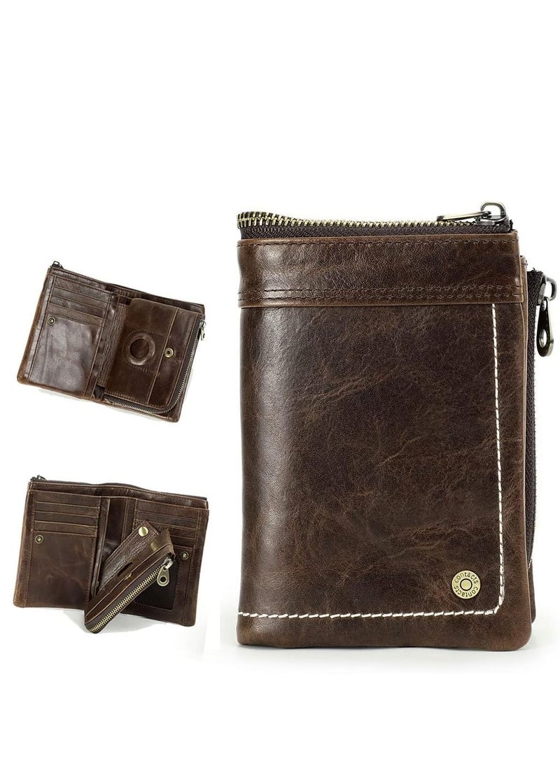 SYOSI Leather Wallet for Men Small Bifold RFID Purse Brown Zipper Vintage Removable AirTag Coin Pocket Card Holder with Photo Window - Image 1