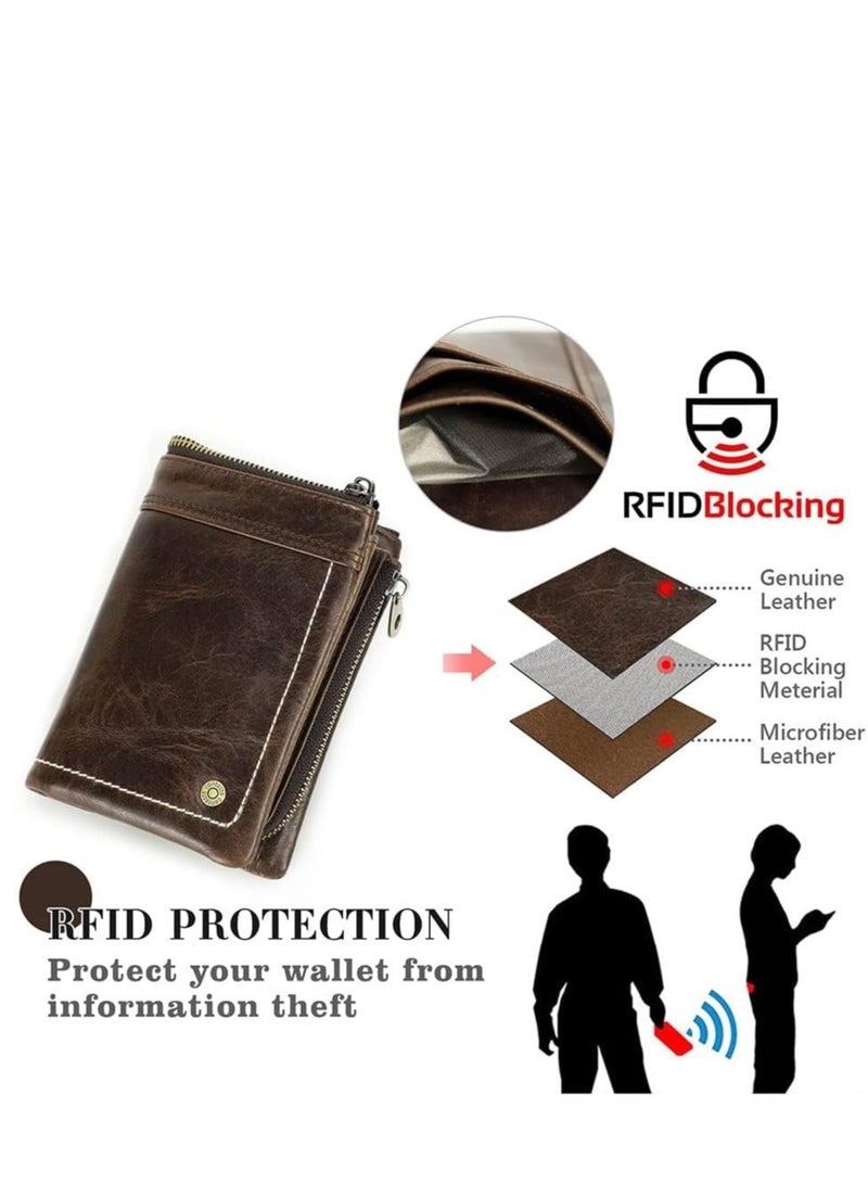 SYOSI Leather Wallet for Men Small Bifold RFID Purse Brown Zipper Vintage Removable AirTag Coin Pocket Card Holder with Photo Window - Image 5