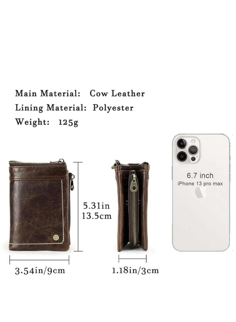 SYOSI Leather Wallet for Men Small Bifold RFID Purse Brown Zipper Vintage Removable AirTag Coin Pocket Card Holder with Photo Window - Image 3