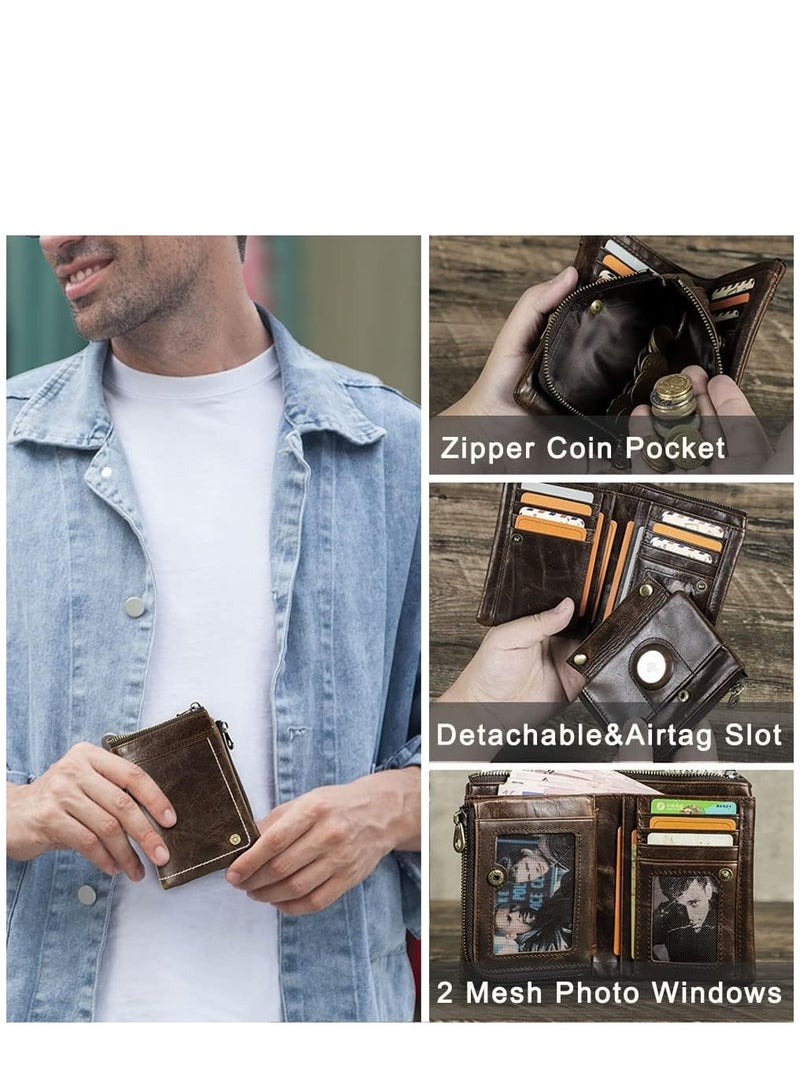 SYOSI Leather Wallet for Men Small Bifold RFID Purse Brown Zipper Vintage Removable AirTag Coin Pocket Card Holder with Photo Window - Image 2