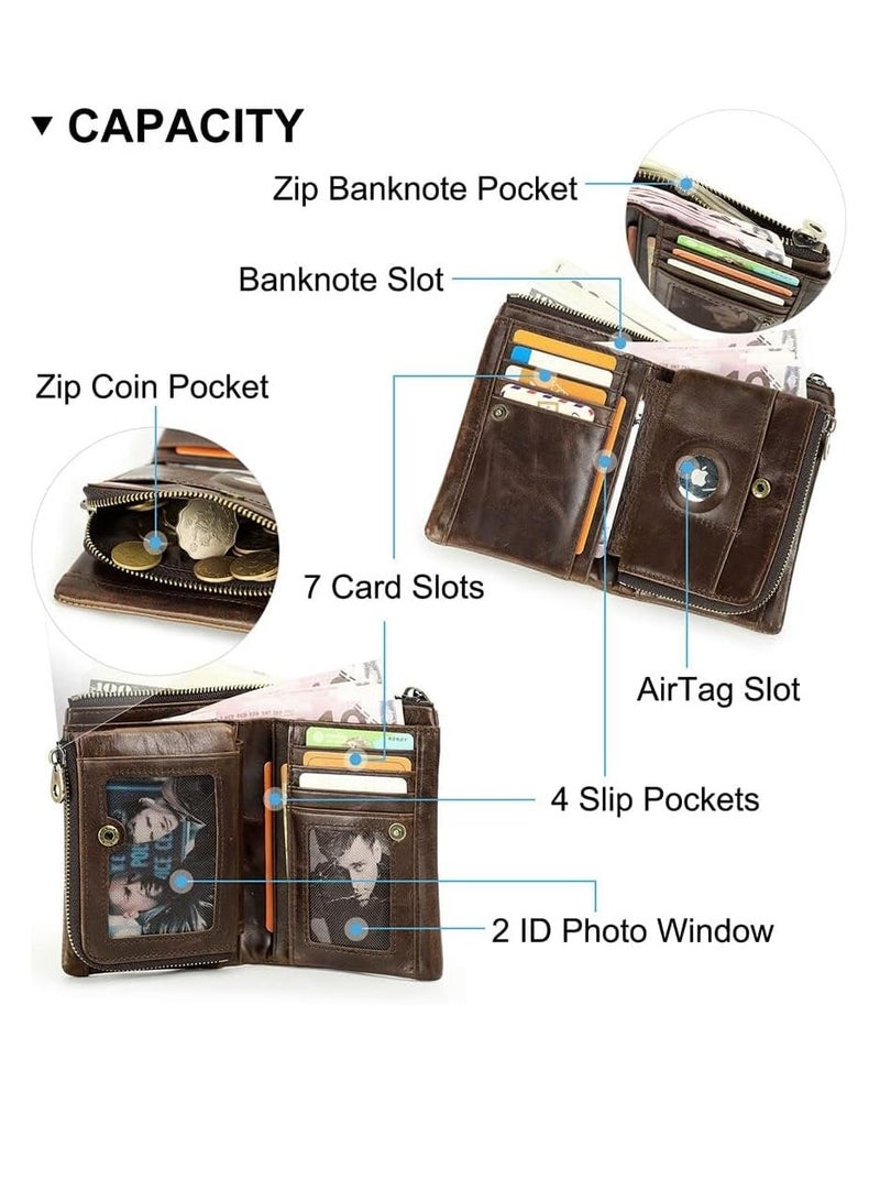 SYOSI Leather Wallet for Men Small Bifold RFID Purse Brown Zipper Vintage Removable AirTag Coin Pocket Card Holder with Photo Window - Image 4