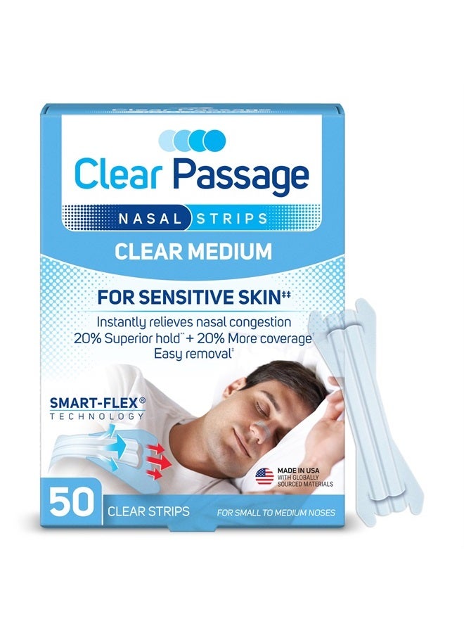 Clear Passage شرائط أنف متوسطة، شفافة، 50 قطعة | تعمل على تحسين النوم، تقليل الشخير، وتخفيف احتقان الأنف بسبب الزكام والحساسية - Image 1