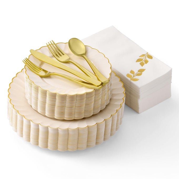 HIGH END 175 PC IVORY SCALLOPED PLASTIC PLATES WITH GOLD TRIM FANCY DISPOSABLE DINNERWARE SET NICE DISPOSABLE PLATES AND CUTLERY SET WCLOTH LIKE NAPKINS FOR WEDDINGS PARTY 25 GUESTS