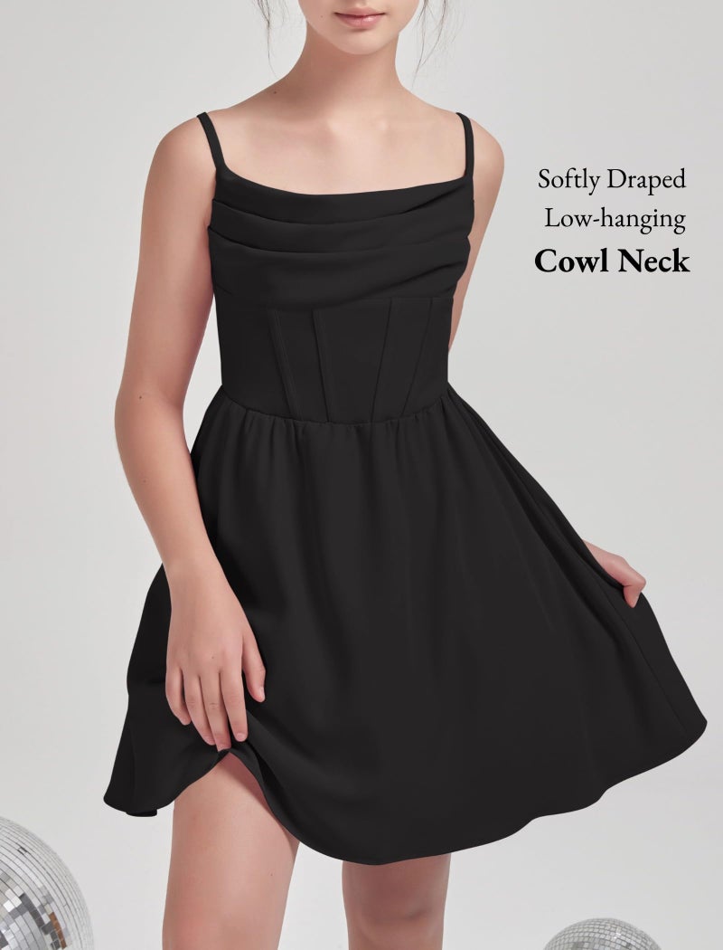 EXARUS Girls Summer Easter Dress Tween Party Dance Spaghetti Strap Birthday Cocktail Teen Junior Wedding HOCO Ruffle Mini Elegant Dresses Black 12 Years - Image 2
