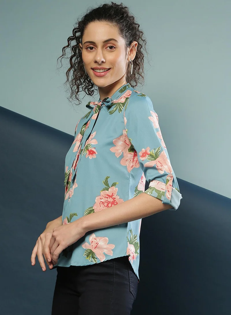PINACOLADA PINACOLADA Women's Blue Retro Floral Shirt For Casual Wear | Tie-Up Neck | Long Sleeve | Button Closure | Polyester Shirt Crafted With Comfort Fit For Everyday Wear