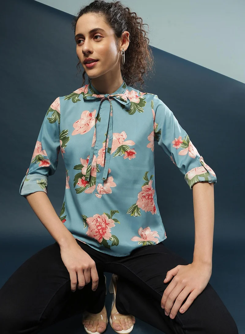 PINACOLADA PINACOLADA Women's Blue Retro Floral Shirt For Casual Wear | Tie-Up Neck | Long Sleeve | Button Closure | Polyester Shirt Crafted With Comfort Fit For Everyday Wear