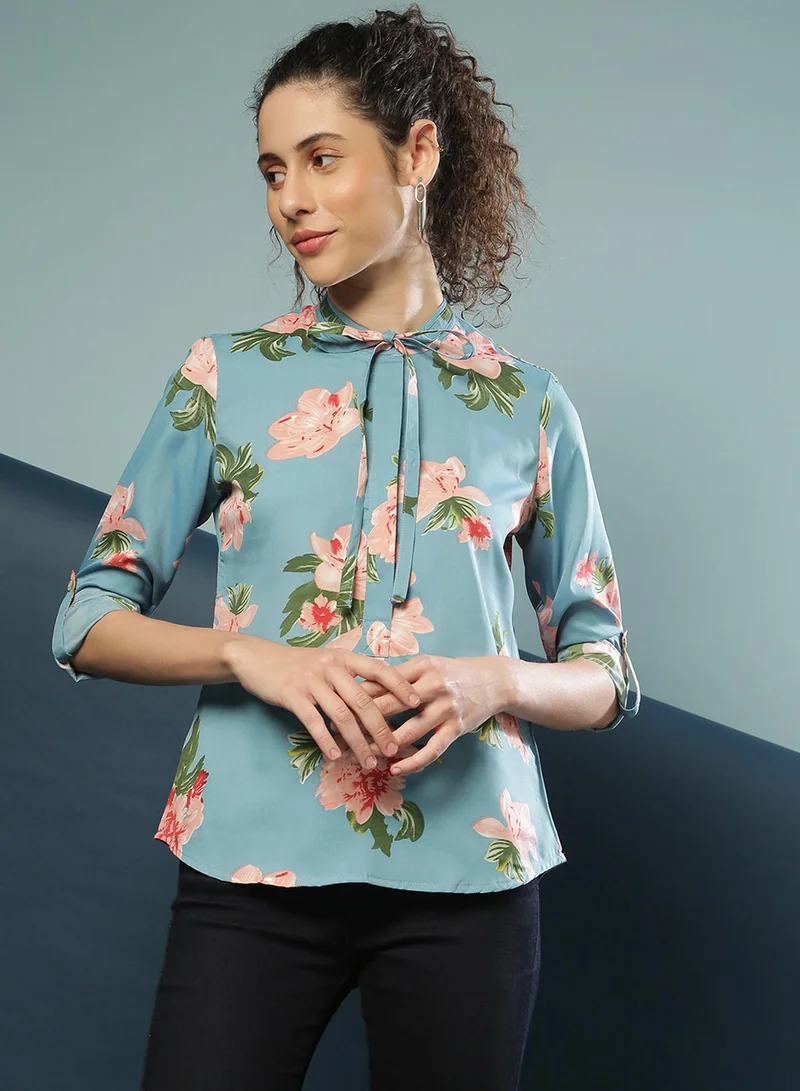 PINACOLADA PINACOLADA Women's Blue Retro Floral Shirt For Casual Wear | Tie-Up Neck | Long Sleeve | Button Closure | Polyester Shirt Crafted With Comfort Fit For Everyday Wear