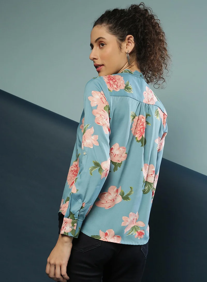 PINACOLADA PINACOLADA Women's Blue Retro Floral Shirt For Casual Wear | Tie-Up Neck | Long Sleeve | Button Closure | Polyester Shirt Crafted With Comfort Fit For Everyday Wear