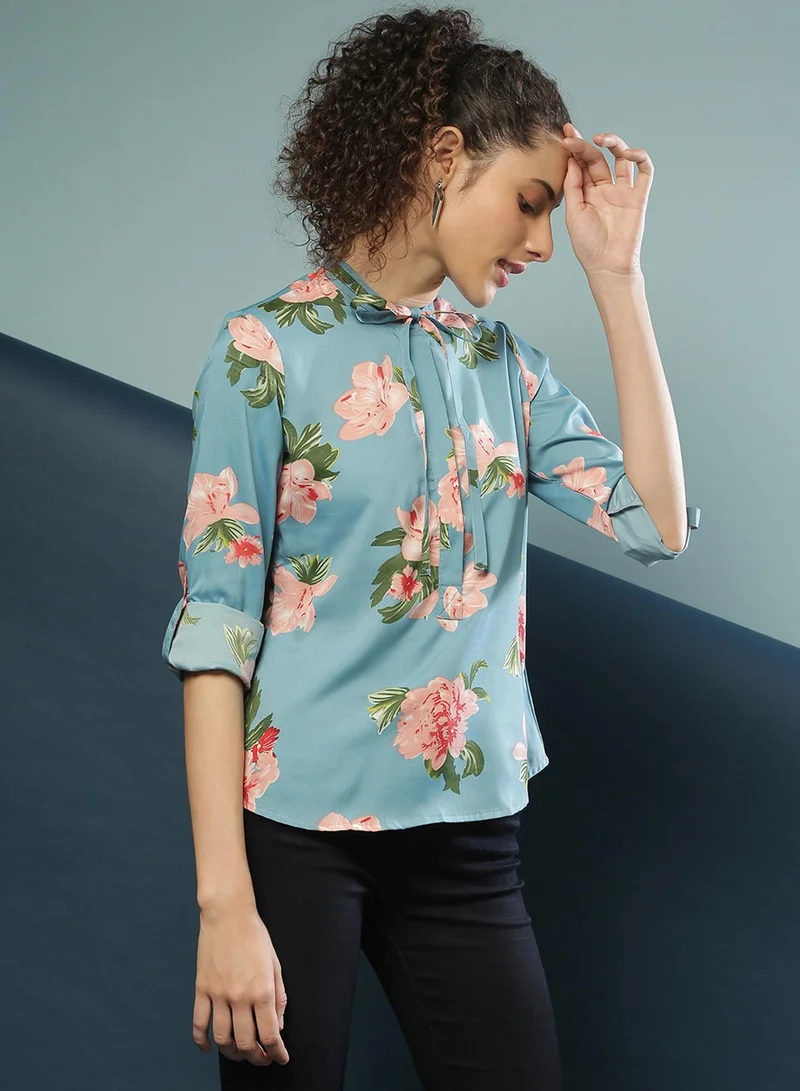 PINACOLADA PINACOLADA Women's Blue Retro Floral Shirt For Casual Wear | Tie-Up Neck | Long Sleeve | Button Closure | Polyester Shirt Crafted With Comfort Fit For Everyday Wear