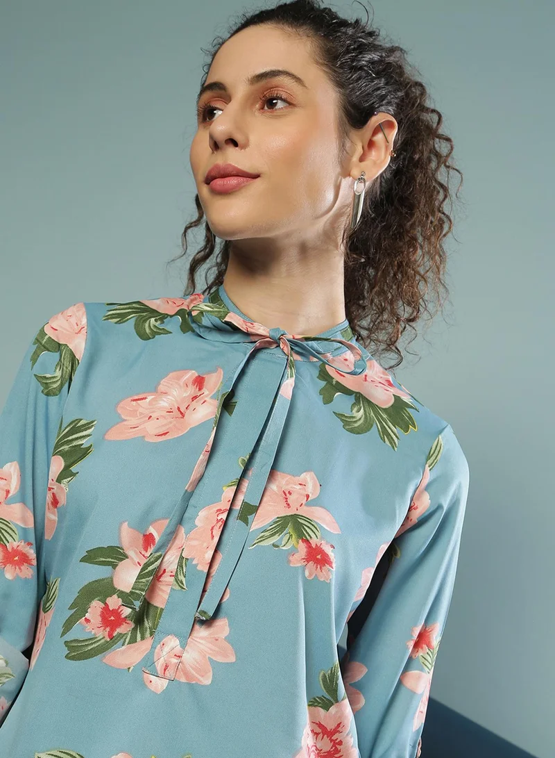 PINACOLADA PINACOLADA Women's Blue Retro Floral Shirt For Casual Wear | Tie-Up Neck | Long Sleeve | Button Closure | Polyester Shirt Crafted With Comfort Fit For Everyday Wear
