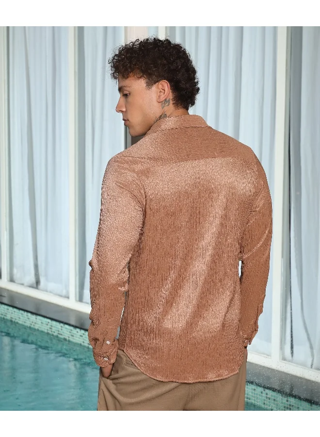 CAHOOT  Men's Camel Beige Solid Creased Shirt For Casual Wear | Spread Collar | Long Sleeve | Button Closure | Shirt Crafted With Comfort Fit For Everyday Wear for Men | Best Price UAE