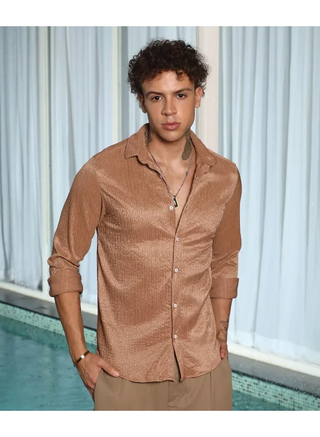 CAHOOT  Men's Camel Beige Solid Creased Shirt For Casual Wear | Spread Collar | Long Sleeve | Button Closure | Shirt Crafted With Comfort Fit For Everyday Wear for Men | Best Price UAE