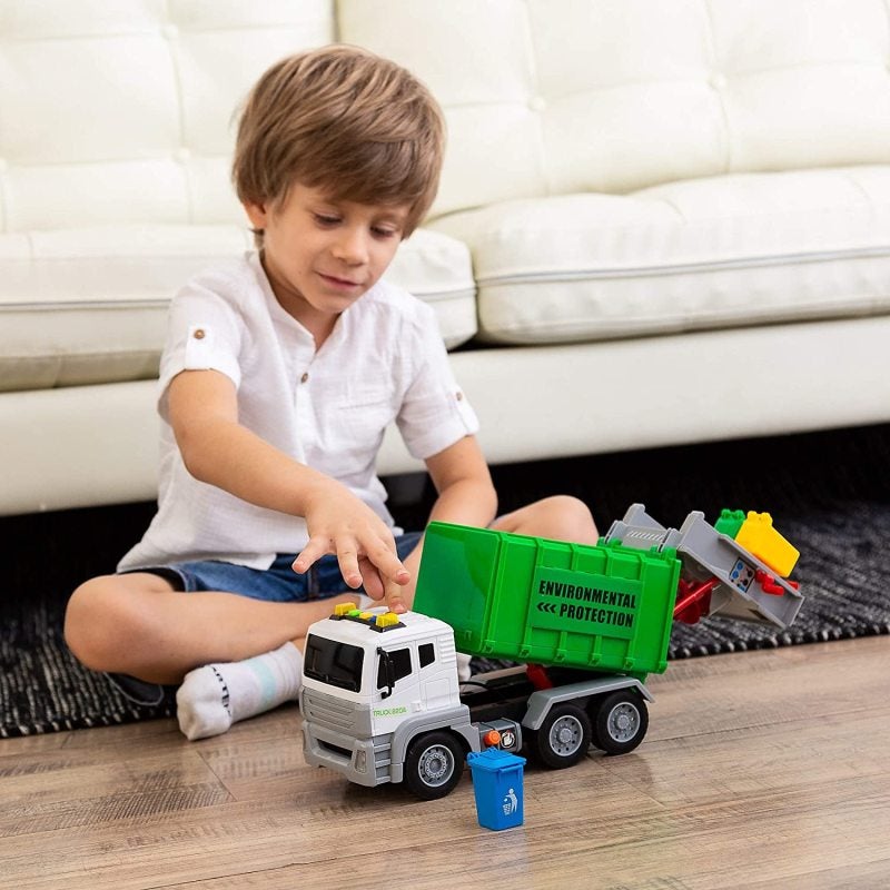 Garbage Truck: Green Medium Size, Friction-Powered Wheels - Realistic Lights & Sounds, Educational Toy Set With 3 Trash Cans for Kids, Birthday Parties, Classroom Activities - Image 4