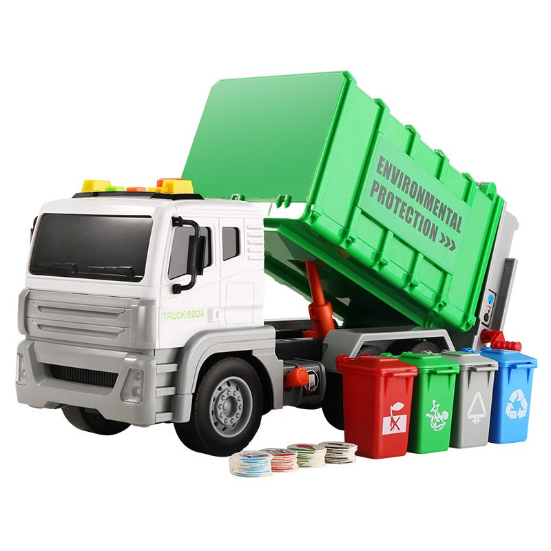 Garbage Truck: Green Medium Size, Friction-Powered Wheels - Realistic Lights & Sounds, Educational Toy Set With 3 Trash Cans for Kids, Birthday Parties, Classroom Activities - Image 1