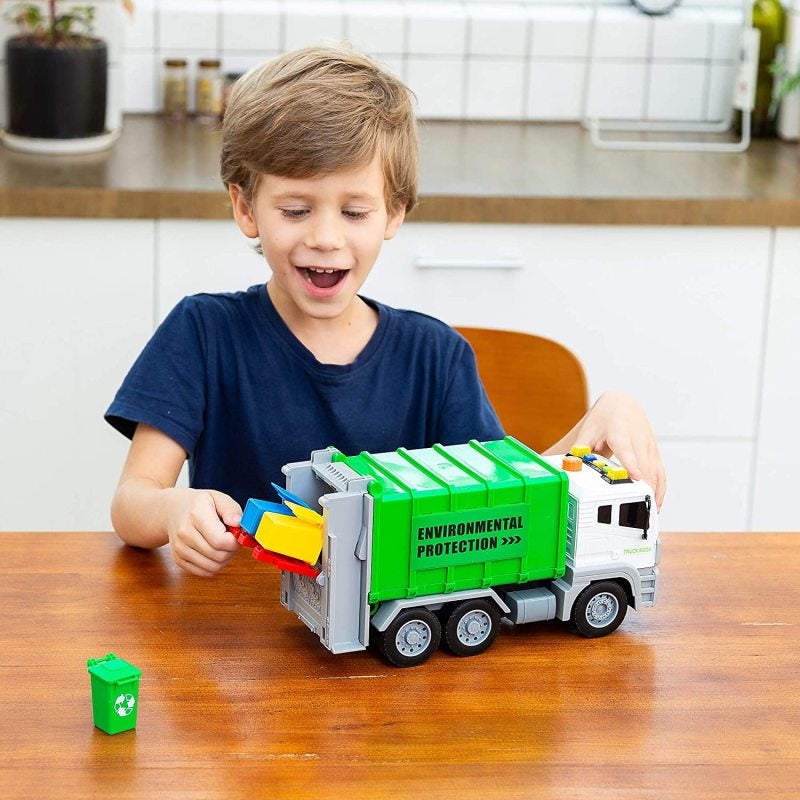 Garbage Truck: Green Medium Size, Friction-Powered Wheels - Realistic Lights & Sounds, Educational Toy Set With 3 Trash Cans for Kids, Birthday Parties, Classroom Activities - Image 3